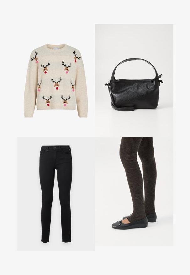 Kremfarvet sweater med blød tekstur, rund halsudskæring og rensdyrmotiver med sorte gevirer, lyserøde pomponer og røde næser.; Sorte skinny jeans lavet af stræk denim. Har et klassisk fem-lomme design og standard metalknaplukning i taljen.; Ben iført mørke ribbede leggings kombineret med sorte balletsko med små sløjfedetaljer på hvid baggrund.; Sort læderhåndtaske med et struktureret design, rund tophåndtag og aftagelig skulderrem. Den har en glat tekstur og en subtil glans.