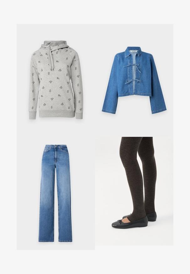 Grijze trui met capuchon, met een bloemenontwerp in het zwart. Gemaakt van zachte, gestructureerde stof met geribbelde boorden en zoom.; Geknipt blauwe denimjas met een kraag, lange mouwen en een centraal geplaatste toggelsluiting. Gladde textuur, minimale stikseldetails.; Lichtblauwe wijd uitlopende spijkerbroek van denim, met een hoge taille, voorkruiszakken en een standaard knoopsluiting. Gladde textuur.; Benen met donkere geribbelde leggings gecombineerd met zwarte ballerina's met kleine strikdetails op een witte achtergrond.