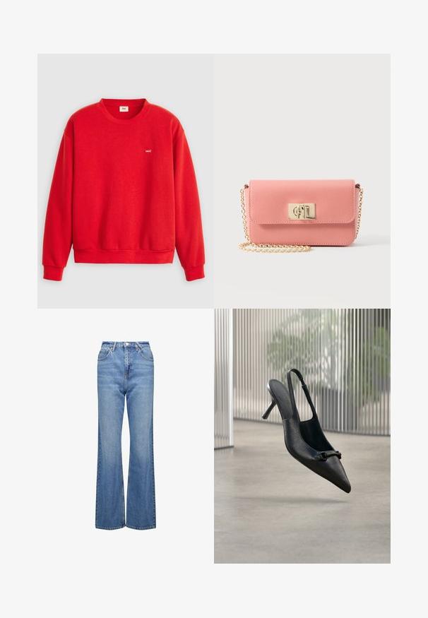 Sudadera roja de tejido suave, con cuello redondo, mangas largas y un pequeño logo de Levi's en el pecho. Puños y dobladillo acanalados.; Jeans azules de talle alto y acampanados con una textura de mezclilla clásica, que cuentan con cinco bolsillos y cierre con cremallera. Diseño minimalista y detalles de costura.; Zapato de tacón alto slingback de cuero negro texturizado con punta picuda y una pequeña hebilla decorativa, flotando sobre un suelo liso.; Bolso bandolera de cuero rosa con correa de cadena dorada y cierre rectangular dorado sobre fondo blanco.