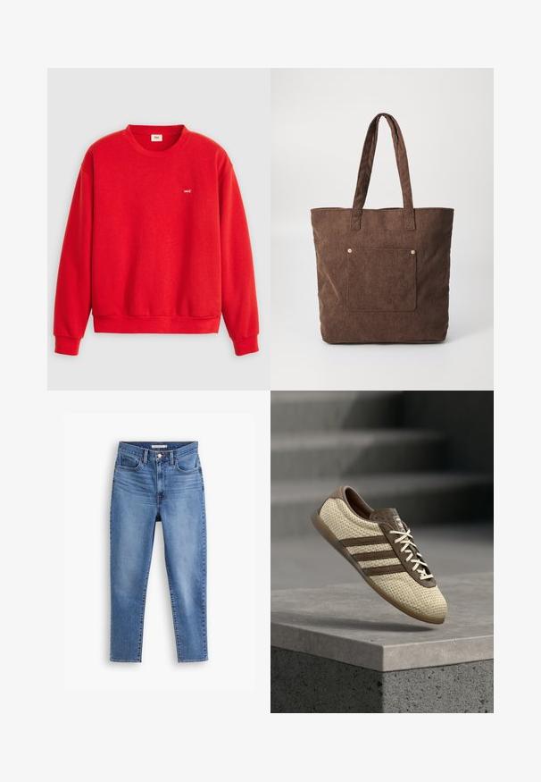 Rød sweatshirt lavet af blødt stof, med rund hals, lange ærmer og et lille Levi's-logo på brystet. Ribstrikkede manchetter og kant.; Blå højtaljede kvindejeans med frontknap og lynlåslukning, bæltestropper og fem-pockets design, flad på hvid baggrund.; Beige og brune vævede sneakers med tre striber og hvide snørebånd, svævende over en betonrampe med trapper i baggrunden.; Brun kordfløjl tote taske med to håndtag, en frontlomme og gyldne metalakcenter. En simpel rektangulær form med struktureret stof.