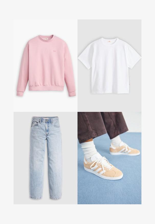 Sudadera de cuello redondo en rosa claro, hecha de una tela suave. Puños y dobladillo acanalados. Pequeño logo cosido en el pecho. Corte casual y relajado.; Camiseta blanca de algodón con mangas cortas, cuello redondo, ajuste holgado, textura suave y una pequeña etiqueta con logotipo en la costura del lado izquierdo.; Jeans de mezclilla azul claro con cintura alta, corte relajado, piernas rectas y un diseño clásico de cinco bolsillos. Desgastado visible y detalles de costuras.; Zapatillas de ante beige con acentos blancos, que presentan tres rayas, punta redonda y suela texturizada; combinadas con calcetines blancos de caña corta.