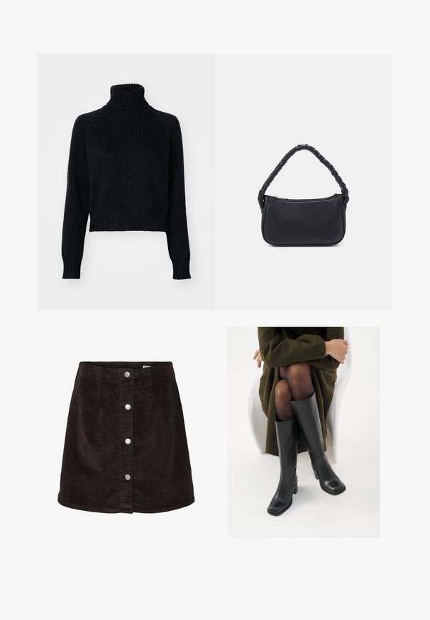 Mørk strikket turtleneck sweater med et cropped design, der har ribbede manchetter og kant, samt en tekstureret vævning gennem hele. ; Mørkebrun kordfløjls A-linje nederdel med fem sølvfarvede trykknapper fortil og en let flaresyning nederst.; Knæhøje sorte læder støvler med firkantet tå og blokhæl, vist med en model siddende i en olivengrøn frakke. Glat tekstur, minimal detaljer.; Sort håndtaske med en rund form, lavet af glat materiale. Har et flet håndtag og en lynlåslukning for sikker opbevaring.