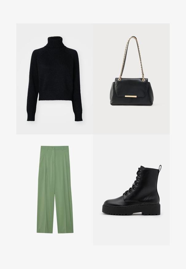 Mørk strikket turtleneck sweater med et cropped design, der har ribbede manchetter og kant, samt en tekstureret vævning gennem hele. ; Grønne brede bukser lavet af glat stof. Har folder foran, en enkelt knaplukning og bæltestropper.; Sort læder ankelstøvle med en tykk, tekstureret sål, rund tå og metaløjer til snørebånd. Har en løkke bagpå.; Sort læderhåndtaske med struktureret design, guldkæde REM, klaplukning og en metalaccentstang på forsiden.