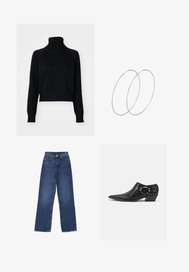 Donker gebreide coltrui met een cropped ontwerp, voorzien van geribde manchetten en zoom, en een gestructureerde weefsel throughout.; Wijde spijkerbroek in blauwe denim met hoge taille, voorzien van een knoopsluiting, vijf zakken en subtiele vervaging op de stof.; Zwarte leren enkellaarzen met een spitse neus, voorzien van een leren band aan de voorkant en een zilveren gesp detail, en een lage, blokhak.; Zilveren hoepel oorbellen met een minimalistisch ontwerp. Cirkelvormig, gladde textuur en dun profiel. Lichtgewicht met een gepolijste afwerking.