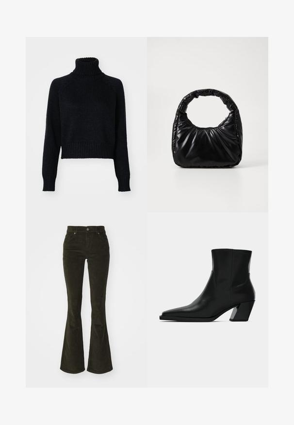 Mørk strikket turtleneck sweater med et cropped design, der har ribbede manchetter og kant, samt en tekstureret vævning gennem hele. ; Bredde corduroy bukser i mørkegrøn. Har for- lommer, knaplukning og et blødt, struktureret stof med ribbet mønster.; Sortlæder ankelstøvle med spids tå, en slank silhuet og en kraftig firkantet hæl. Glat tekstur med minimale stikninger.; Sort polstret håndtaske med et rundt håndtag, der har en glat, skinnende overflade og en blød, kviltet tekstur. Ingen synlige hardware eller accenter.