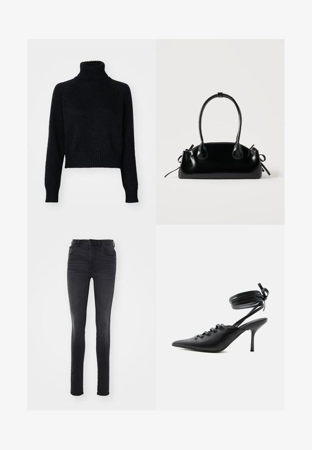Mørk strikket turtleneck sweater med et cropped design, der har ribbede manchetter og kant, samt en tekstureret vævning gennem hele. ; Slankt fit sorte jeans lavet af denim, med høj talje, fem-lomme design, subtil falmning og lige silhuet.; Sort spids sko med høje hæle, snørelukning foran og omlægning omkring anklerne bundet med sløjfe, vist fra siden på hvid baggrund.; Lille sort blank håndtaske med to lange håndtag og snøre-detaljer i siden på en ensfarvet lys baggrund.