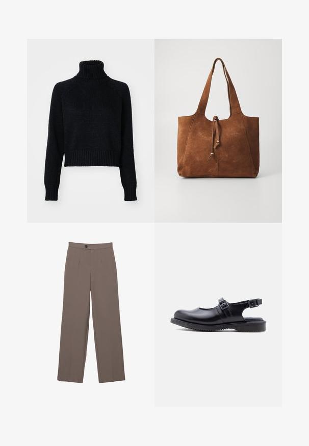 Mørk strikket turtleneck sweater med et cropped design, der har ribbede manchetter og kant, samt en tekstureret vævning gennem hele. ; Brune brede bukser med en glat tekstur, der har frontfoldninger, en knaplukning og et skræddersyet design.; Sort læder Mary Jane-stil sko med to justerbare spænde-remme og en tyk, rillet gummisål.; Brun ruskinds tote bag med to lange håndtag, snøre lukning og glat tekstur. Har et enkelt design og minimale accenter.