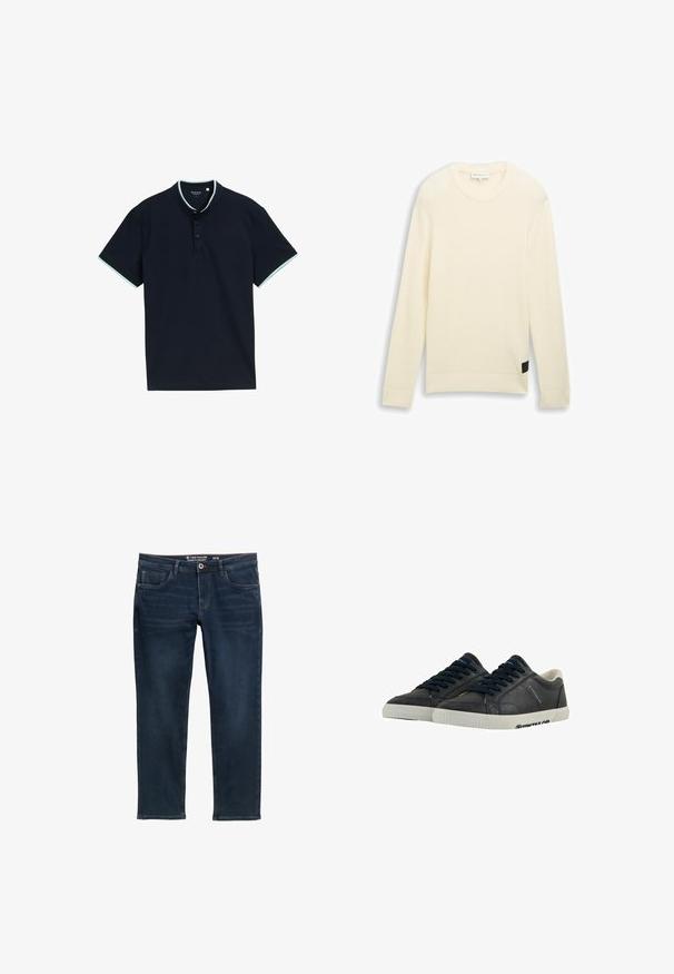 Crème rib gebreide trui met lange mouwen, ronde halslijn en een zwart accentlabel aan de zijkant. Zachte textuur en een ontspannen pasvorm.; Marineblauw poloshirt van een gestructureerde stof, met een staande kraag, drie knopen en lichtblauwe accenten op de kraag en mouwen.; Donkerblauwe rechte jeans met frontzakken, riemlussen, knoopsluiting en subtiele vervagingdetails. Maat 32/32 van Tom Tailor.; Marine leren sneakers met witte rubberen zolen, ronde neus en zwarte veters. Subtiele texturen en branding aan de zijkanten. Casual ontwerp.
