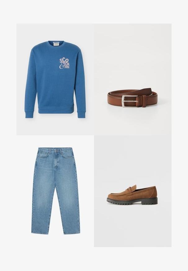 Sudadera azul con cuello redondo, mangas largas y logo rosa de "Scotch & Soda" en el pecho izquierdo.; Pantalones vaqueros de mezclilla azul claro con corte de pierna recta, diseño de cinco bolsillos y textura ligeramente desgastada. Cuentan con cierre de botón y cremallera.; Mocasines de ante marrón con punta redondeada y una suela de goma negra baja, que presentan una correa decorativa y detalles de costura en la parte superior.; Cinturón de cuero marrón con un acabado liso, que presenta una hebilla de metal plateado y costuras sutiles a lo largo de los bordes. Diseño clásico y duradero.