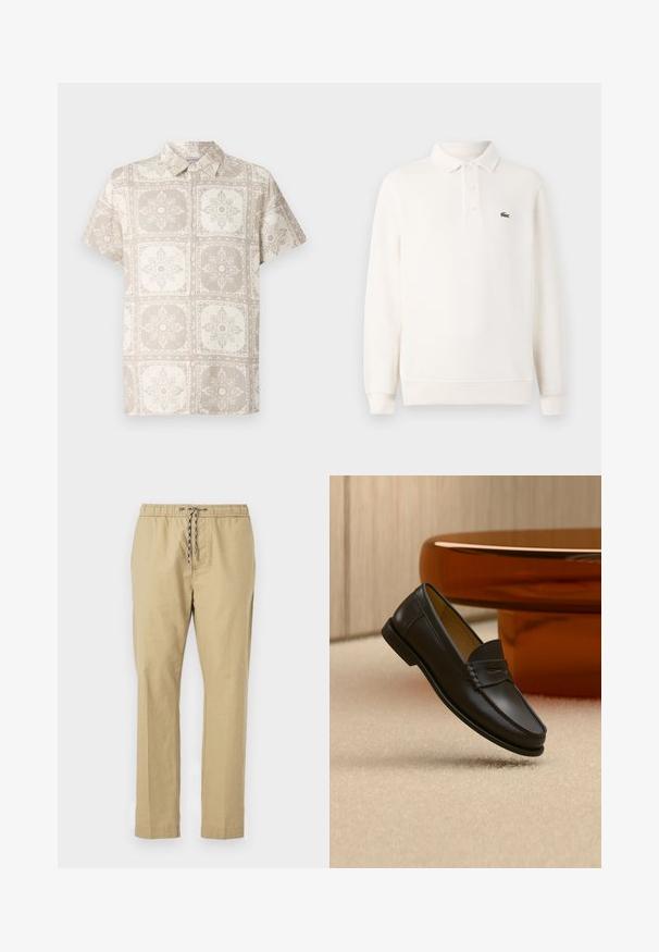 Langärmliges, blasscremefarbenes Polohemd aus strukturiertem Strick, mit einer Dreiknopf-Leiste und einem grünen gestickten Logo auf der Brust.; Beige Kurzarm-Hemd mit Knopfleiste und einem wiederkehrenden floralen Muster. Hergestellt aus einem leichten Stoff mit einer natürlichen, strukturierten Optik.; Beige Hosen mit einem elastischen Bund, verstellbarem Kordelzug, geraden Beinen und einer leichten Stofftextur.; Schwarzer Leder-Loafer, der über einem hellbeigen Teppich schwebt, mit bernsteinfarbenen modernen Möbeln im Hintergrund.