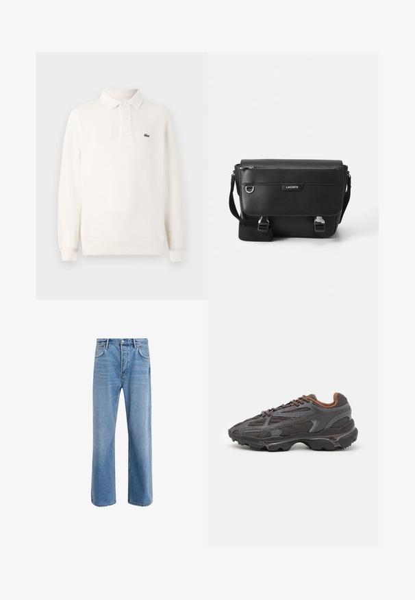 Langærmet polo skjorte i lys cremefarve i struktureret strik, med en tre-knaps lukning og et grønt broderet logo på brystet.; Lyseblå denim jeans med lige ben-design, fem lommer, knaplukning, minimal falming og kontraststingdetaljer.; Lacoste sneakers i mørkegrå med mesh og syntetisk materiale, udstyret med en tekstureret sål og brune accenter på kraven og brandingen.; Sort tekstureret Lacoste messengertaske med justerbar rem, frontklap, lynlås lomme og metalspænder.