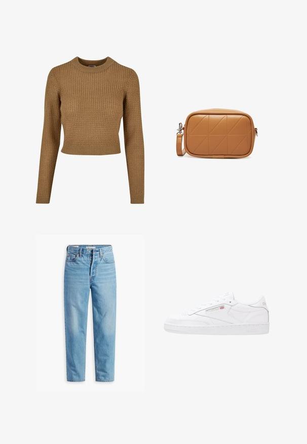 Pull en tricot marron avec une texture côtelée, un col rond et des manches longues. Il présente un design court et une silhouette ajustée.; Jean en denim bleu clair taille haute, coupe droite, braguette à boutons et design à cinq poches, présenté à plat sur fond blanc.; Baskets en cuir blanc avec un design basse-tige, fermeture à lacets, panneaux latéraux texturés et logo Reebok en relief. Semelle en caoutchouc.; Sac bandoulière rectangulaire en cuir marron clair avec un motif de panneaux diagonaux cousus et une bandoulière amovible avec des ferrures argentées.