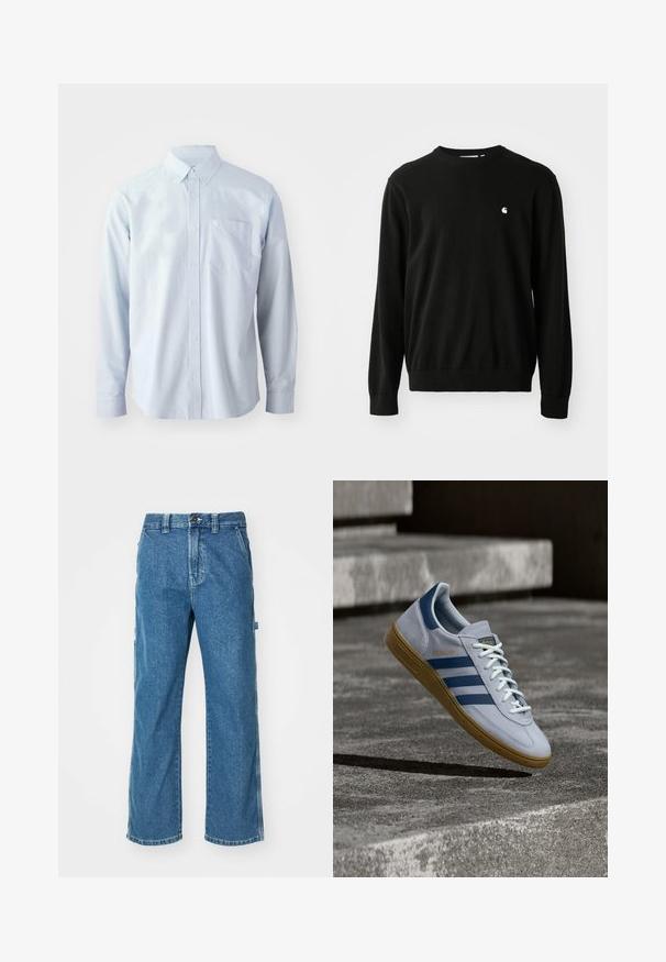 Čierny bavlnený sveter s dlhými rukávmi, okrúhlym výstrihom, rebrovanými manžetami a spodným lemom. Na prednej strane sa nachádza malé biele logo.; Svetlomodrá košeľa s dlhým rukávom vyrobená z bavlny. Má golier s gombíkmi, predné gombíky a vrecko na hrudi na ľavej strane.; Modré denimové cargo nohavice so voľným strihom, ktoré majú bočné vrecká, zips a kontrastné šitie na švoch.; Svetlomodrá teniska Adidas Spezial s námorníckymi modrými pruhmi a gumovou podrážkou, zobrazená vo vzduchu nad betónovými schodmi v neutrálnej vonkajšej scéne.