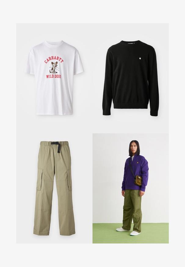 Sort bomuldsbluse med lange ærmer, rund halsudskæring, ribbede manchetter og kant. Har et lille hvidt logo på brystet.; Hvid bomulds t-shirt med røde broderede tekst "CARHARTT WILD DOGS" og en tegneseriehund grafik foran. Korte ærmer, rund halsudskæring.; Lyse olivengrønne cargo bukser med elastisk talje og bælte, der har to sidelommer og en glat tekstur, designet til komfort og funktionalitet.; Jordan AIR JORDAN 1 ZM CMFT 2 - Sneakers high - summit white/bicoastal/oxidized green