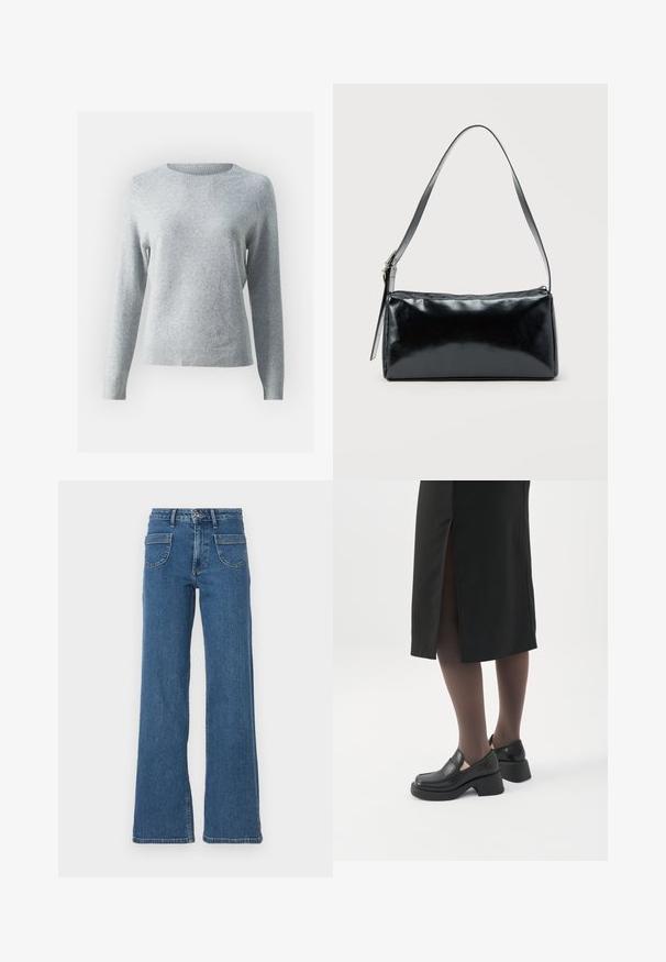 Pull léger gris clair en tissu doux, avec un col rond, des manches longues et des poignets et un ourlet en côte pour une apparence ajustée.; Jeans en denim bleu à jambes larges avec une taille haute, cinq poches, fermeture à boutons à l'avant et une finition légèrement délavée. Les ourlets et coutures cousus sont visibles.; Femme portant des mocassins noirs à talons épais, des collants noirs transparents et une jupe noire fendue à l'arrière sur fond blanc.; Sac d'épaule rectangulaire noir avec une sangle réglable unique et une fermeture éclair supérieure sur un fond uni.