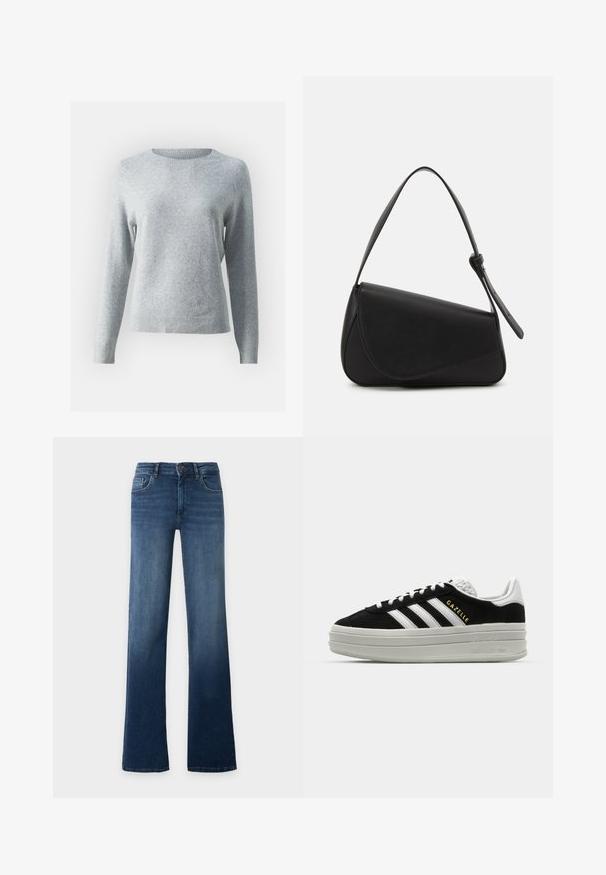 Hellgrauer Pullover aus weichem Material, mit Rundhalsausschnitt, langen Ärmeln und gerippten Bündchen sowie Saum für eine figurbetonte Optik.; Blaue High-Waist-Jeans mit geradem Bein, Knopf- und Reißverschluss, Vorder- und Gesäßtaschen, auf schlichtem, hellem Hintergrund dargestellt.; Schwarze Wildleder-Sneaker mit weißen Lederakzenten, drei weißen Streifen, flachen Schnürsenkeln und einer dicken grauen Plateausohle. Goldenes "Gazelle"-Branding.; Schwarze Lederhandtasche mit dreieckiger Form, schrägem Klappdeckel und rundem Oberhandgriff. Verfügt über eine glatte Textur und minimalistische Designdetails.