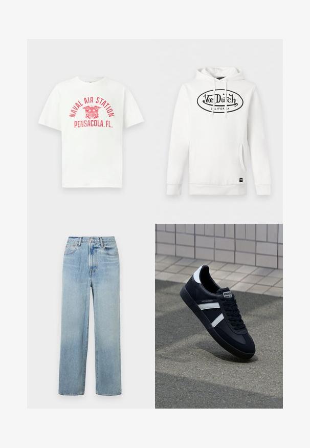 Hvid hættetrøje med forlommer og sort "Von Dutch California" logo centreret på brystet.; Hvid T-shirt med korte ærmer med rød tekst "NAVAL AIR STATION PENSACOLA, FL." og et ørneemblem i midten foran.; Lys blå, lige ben denim jeans med høj talje, der har fem lommer og subtil fading. Rå kant og kontrasterende syninger.; Sort lædersneaker med hvide striber, tekstureret gummisål og snørrebånd foran. Har et brandet mærke på tungen.