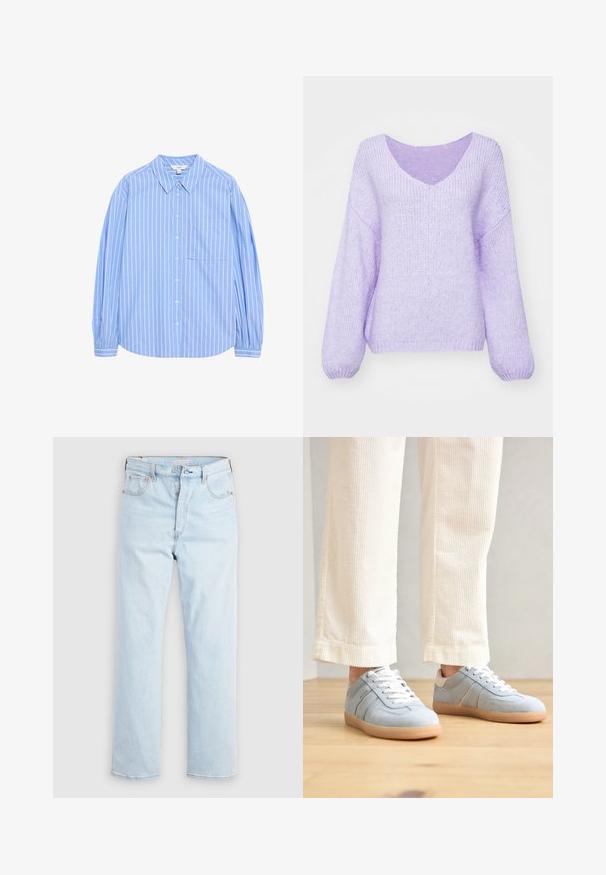 Lila gebreide sweater met een V-hals, verlaagde schouders en lange mouwen. Het materiaal is zacht, gestructureerd en heeft een iets losse pasvorm.; Lichtblauw overhemd met lange mouwen, knoopsluiting en witte verticale strepen, met een kraagontwerp, een zak op de linkerkant van de borst en gathering bij de mouwen.; Lichtblauwe high-waist jeans met rechte pijpen, knoopsluiting en voor- en achterzakken op een effen witte achtergrond.; Lichtblauwe suede sneakers met witte veters en een beige hak, voorzien van contrasterende zijstrepen en een rubberen zool, gedragen met witte corduroy broeken.