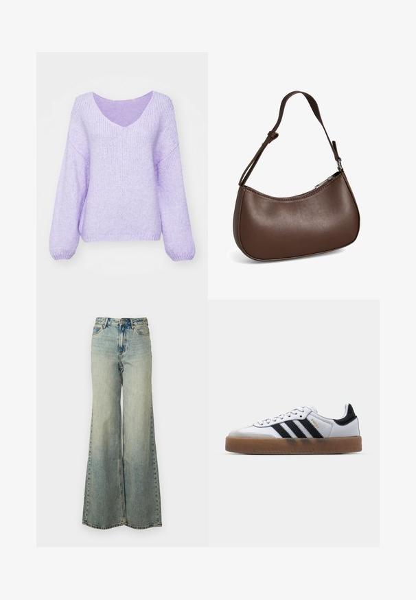 Lila gebreide sweater met een V-hals, verlaagde schouders en lange mouwen. Het materiaal is zacht, gestructureerd en heeft een iets losse pasvorm.; lichtblauwe wijde jeans van denim, met een hoge taille, vervaagde wassing en zijzakken met zichtbare stiksels.; Witte leren sneakers met zwarte strepen, gumrubberen buitenzool, ronde neus, vetersluiting en een zachte grijze suède neuskap.; Kleine bruine leren schoudertas met verstelbare band en ritssluiting, getoond tegen een witte achtergrond. Geen zichtbaar merk of versieringen.