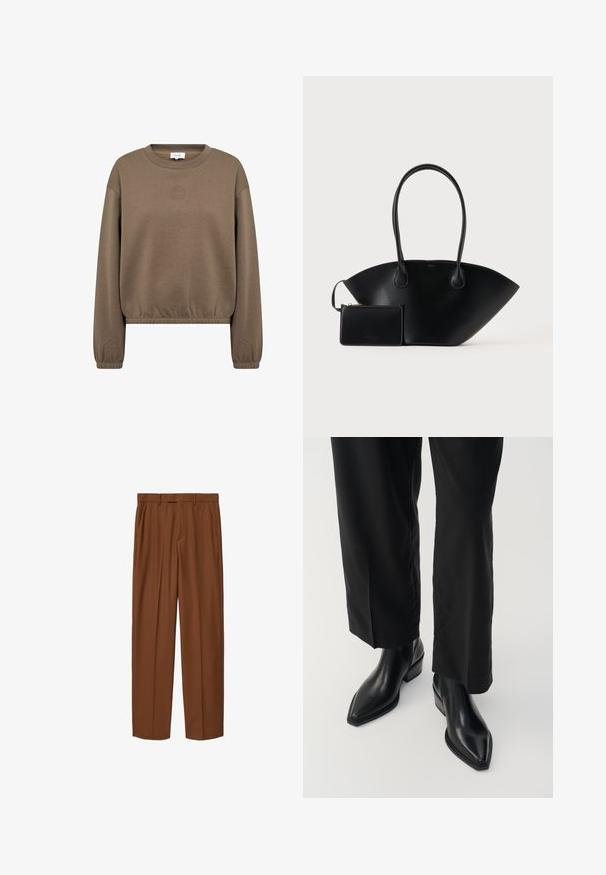Brun sweatshirt med lange ærmer og rund hals, med elastiske manchetter og kant, med lille præget rundt logo på brystet.; Brune skræddersyede bukser med sidelommer, bæltestropper og pressede læg, vist fladt på en hvid baggrund.; Sorte læder ankelstøvler med spids tå, glat tekstur og firkantet hæl. Kombinationen med sorte, vide bukser skaber en slank silhuet.; Sort læderhåndtaske med lange håndtag og en matchende lille lynlåspung mod en ensfarvet baggrund.