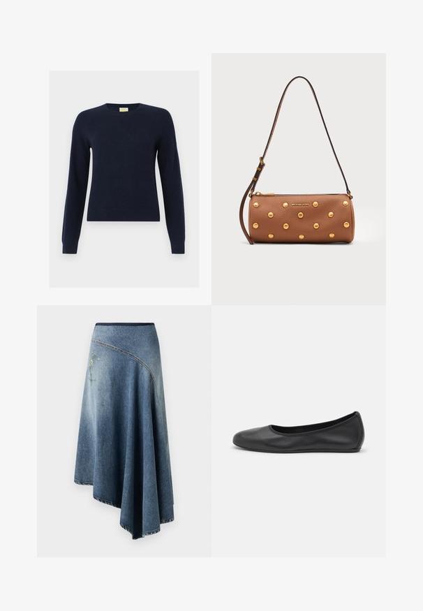 Marineblå crewneck-langærmet sweater med ribbede manchetter og kant, vist fladt på en hvid baggrund.; Denim wrap nederdel i lys til mørk blå gradient, med en broderet blomsterdesign på den ene side og synlige stikninger langs kanterne.; Sort læderballetsko med rund tå, glat tekstur, minimal syning og et fleksibelt såldesign.; Brun læder cylindrisk håndtaske med guldbelægte nitter, justerbar rem og gyldent Michael Kors-logo foran.