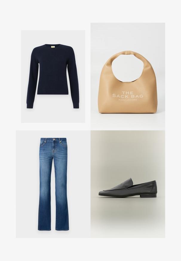 Pull à col rond bleu marine à manches longues avec poignets et ourlet côtelés, présenté à plat sur un fond blanc.; Jean en denim bleu à pattes d'éléphant avec un design classique à cinq poches, présentant un délavage vieilli, des coutures dorées et une fermeture à bouton à la taille.; Mocassins en cuir noir avec une finition lisse, un bout pointu et un design minimaliste. Talon bas empilé et accents de couture subtils.; Sac à main en cuir beige avec une poignée circulaire, portant le texte en relief "THE SACK BAG MARC JACOBS" sur le devant. Texture lisse, design minimaliste.