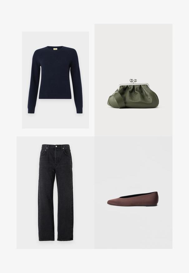 Marineblå crewneck-langærmet sweater med ribbede manchetter og kant, vist fladt på en hvid baggrund.; Sorte denim jeans med lige ben, med en høj talje, fem lommer og metalliske knapper. Glat, let struktureret stof.; Brune balletflade sko i stof med spids tå og glat tekstur, med lav hælkappe og tynd sort sål. Ingen synlige mønstre eller beslag.; Olivengrøn læderclutch med ruchet design, sølvmetalramme og dobbelt kugle-lukning. Har en glat tekstur og en bred rem.