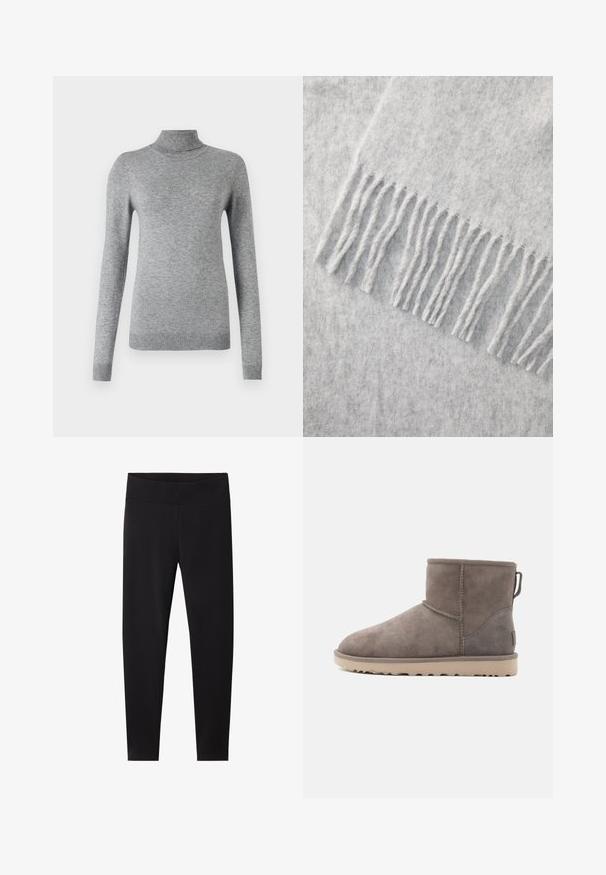 Suéter gris de cuello alto hecho de material suave, con mangas largas, puños acanalados y un diseño ceñido con una textura lisa.; Leggings negros con una cinturilla elástica gruesa. Hechos de un material suave y elástico, ajustados para un silueta entallada y sin patrones visibles.; Botines de ante en gris con textura suave, punta redonda y suela beige resistente. Presentan talón reforzado y detalles de costura.; Bufanda de lana gris con una textura suave, bordes deshilachados y un acabado uniforme, que mide aproximadamente 60 pulgadas de longitud.