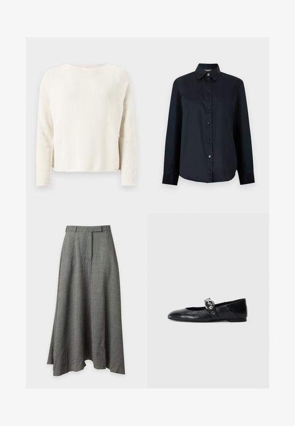 Pull en tricot couleur crème à manches longues avec col rond et discrètes fentes latérales, présenté sur un fond gris clair.; Chemise noire à manches longues avec boutons, col pointu et ourlet légèrement arrondi, présentée sur un fond gris clair uni.; Jupe midi gris texturée, taille haute, coupe trapèze, avec passants pour ceinture et fermeture avant invisible sur fond uni.; Ballerines en cuir noir avec un bout pointu, dotées d'une sangle avec une boucle métallique circulaire et d'une semelle plate.