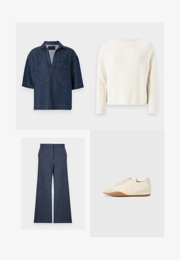 Pull en tricot couleur crème à manches longues avec col rond et discrètes fentes latérales, présenté sur un fond gris clair.; Chemise en denim bleu foncé à manches courtes, col en V large, avec col et deux poches poitrine devant avec coutures visibles.; Pantalon bleu marine à jambes larges avec fines rayures blanches verticales, taille avec ceinture, fermeture éclair à l'avant et poches latérales.; Baskets beige clair avec une tige en cuir texturé, des panneaux latéraux texturés et une semelle en caoutchouc. Dotées d'un design fin et épuré ainsi que de lacets plats.