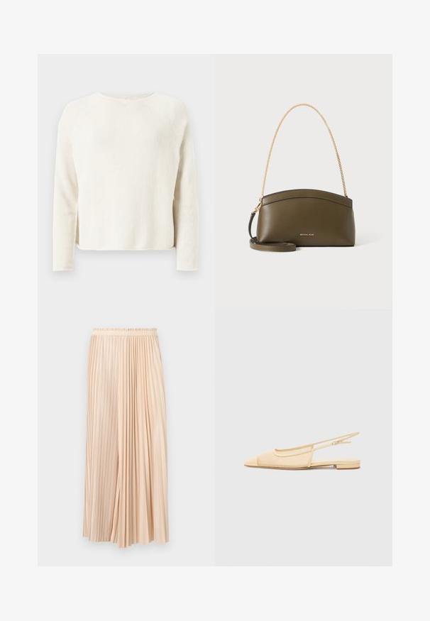 Pull en tricot couleur crème à manches longues avec col rond et discrètes fentes latérales, présenté sur un fond gris clair.; Jupe midi plissée bicolore beige avec ceinture élastique, combinant des plis fins et larges pour un look fluide et texturé.; Chaussure plate slingback en beige clair avec une tige en maille, un bout pointu et un petit talon. Dotée d'une sangle ajustable pour un bon maintien.; Sac à main Michael Kors vert olive avec bandoulière en chaîne dorée, dessus courbé et petit logo doré sur le devant, présenté sur fond blanc.