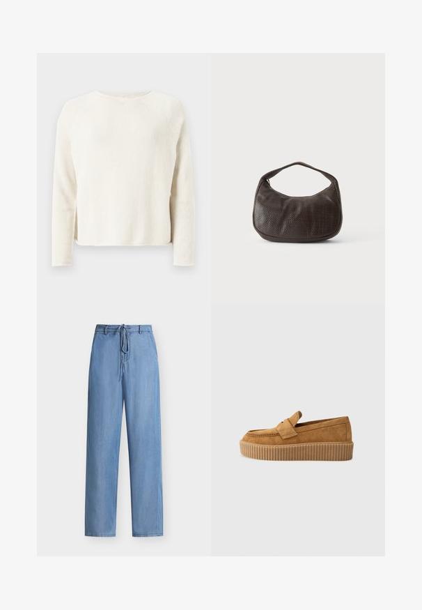 Pull en tricot couleur crème à manches longues avec col rond et discrètes fentes latérales, présenté sur un fond gris clair.; Pantalon en denim bleu clair à jambes larges avec cordon de serrage à l'avant et poches latérales, présenté sur un fond blanc.; Mocassin en daim brun à bout rond, avec une semelle plateforme striée et une bande décorative sur le dessus.; Petit sac à main marron foncé texturé avec une courte bandoulière et un fond arrondi sur un fond clair uni.