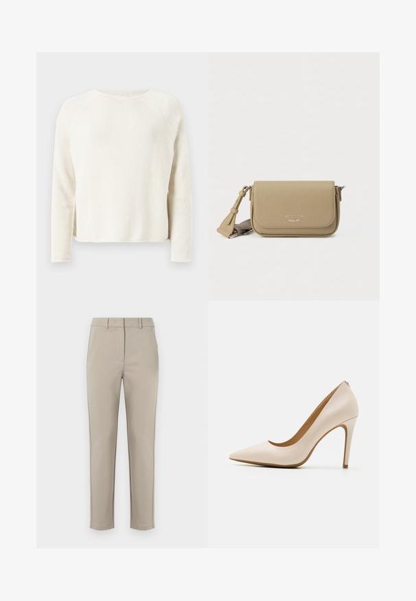 Hellbeiger, gestrickter Pullover mit langen Ärmeln, Rundhalsausschnitt und dezenten Seitenschlitzen, präsentiert vor einem hellgrauen Hintergrund.; MM by MaxMara EFFETTO - Stoffhose - sand; Beige High Heel-Pumps, spitze Zehen, glatter Leder-Look, schlanker Stiletto-Absatz, minimalistisches Design mit einem subtilen Rückendetail.; Khakifarbene Leder-Umhängetasche mit strukturierter Oberfläche, Klappenverschluss, silbernem Logo und verstellbarem Riemen. Kompakte rechteckige Form.