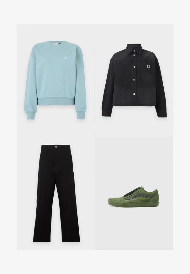Sudadera azul claro, hecha de material suave de algodón. Cuenta con cuello redondo, hombros caídos, puños acanalados y un pequeño logo en el pecho.; Chaqueta negra de manga larga con botones, con cuello y bolsillo frontal en el pecho que presenta un pequeño parche de logo cuadrado en el lado derecho.; Pantalones de algodón negros con diseño de pierna recta, que cuentan con cierre frontal de botones, trabillas para cinturón y un bolsillo lateral. Textura suave.; Zapatillas de lona verdes con cordones negros y una franja lateral. Presentan una punta redondeada, suela de goma y costuras blancas en contraste. Diseño clásico de zapatilla.
