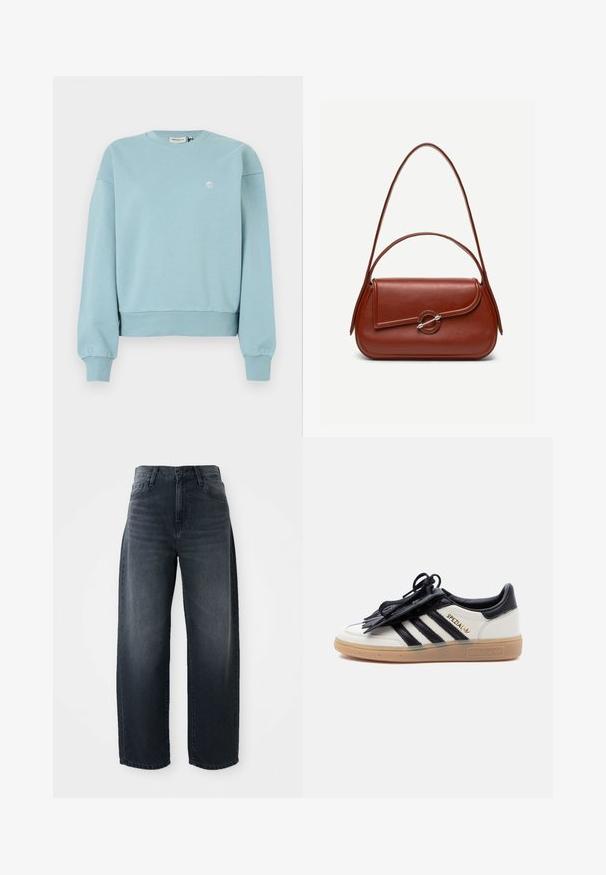 Hellblauer Sweatshirt aus weichem Baumwollmaterial. Verfügt über einen Rundhalsausschnitt, überschnittene Schultern, gerippte Bündchen und ein kleines Logo auf der Brust.; Weite Jeans in dunkelblauem Denim, mit hoher Taille, klassischem Knopf- und Reißverschluss und subtilen Ausbleichungen an der Vorderseite.; Weißer und schwarzer Adidas Spezial Sneaker mit Gummisohle, schwarzen Streifen und schwarzer Schnürsenkelabdeckung auf einfarbig hellem Hintergrund.; Braune Leder-Schultertasche mit abgerundeter rechteckiger Form, asymmetrischer Klappe, silbernem runden Verschluss und zwei dünnen Riemen.