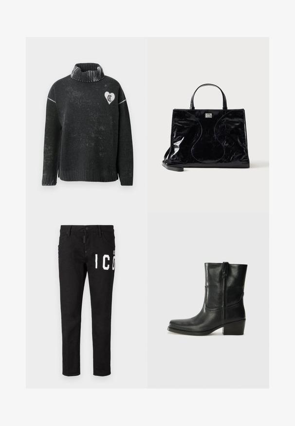 Sort sweater med høj hals, der har et hvidt hjerte og bogstavdesign på brystet. Lavet af blødt materiale med en struktureret overflade.; Sorte denim jeans med slim fit. Har hvid grafisk tekst på fronten, fem lommer og knaplukning. Glat tekstur.; Sort læder ankelstøvle med rundt tå, blokhæl, lynlås i siden og stikninger på vampsiden. Glat tekstur, klassisk design.; Sort blank læderhåndtaske med korte håndtag, aftagelig skulderrem og subtile buede syninger foran.