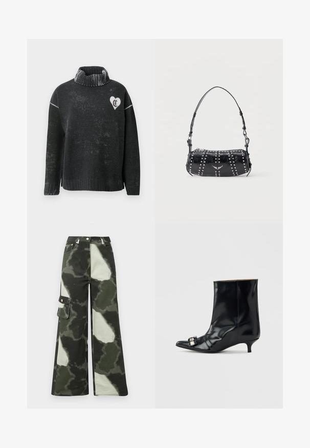 Pull noir à col montant, orné d'un design en forme de cœur blanc et de lettres sur la poitrine. Confectionné dans un matériau doux avec une finition texturée.; Pantalon cargo à jambe large en camouflage vert foncé et gris clair. Caractéristiques : poche latérale et bouton en métal, fabriqué en coton durable.; Bottine en cuir noir avec bout pointu, petit talon kitten bas et boucle décorative en argent sur le côté près de l'orteil.; Sac d'épaule en cuir verni noir orné de clous argentés disposés en rangées verticales et d'un petit emblème d'oiseau argenté au centre devant.