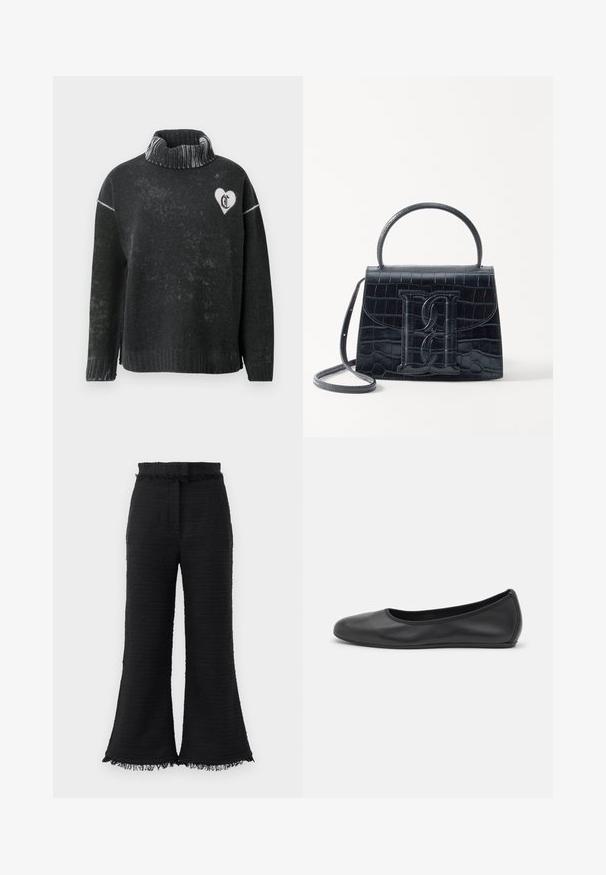Pull noir à col montant, orné d'un design en forme de cœur blanc et de lettres sur la poitrine. Confectionné dans un matériau doux avec une finition texturée.; Pantalons larges noirs en tissu texturé, avec ourlet effiloché et taille élastique. Le design présente une finition lisse et une coupe décontractée.; Ballerines en cuir noir avec un bout rond, texture lisse, détails de couture minimalistes et design de semelle flexible.; Sac à main en cuir noir embossé en crocodile avec un design structuré, une poignée supérieure, une bandoulière ajustable et un détail de logo en avant bien visible.