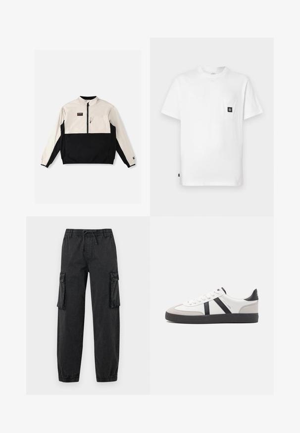 Halfzip trui jas in crème en zwart. Voorzak op de linkerborst. Gladde stof met een design van contrasterende kleurvlakken.; Witte katoenen T-shirt met een ronde hals, korte mouwen en een borstzakje met een zwarte logo-patch. Gladde textuur, losse pasvorm.; Zwarte cargobroek van textuurstof met een elastische tailleband en trekkoord. Voorzien van zijzakken en elastische boorden bij de enkels.; Witte sneaker met zwarte en grijze accenten, voorzien van een grijze neus met textuur, zwarte rubberen zool en platte witte veters. Schoon ontwerp, minimalistische stijl.