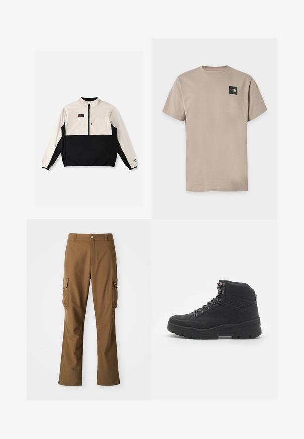 Half-Zip-Pullover-Jacke in Creme und Schwarz. Vordertasche auf der linken Brust. Glatter Stoff mit kontrastierendem Farbblock-Design.; Beige kurzärmeliges T-Shirt mit Rundhalsausschnitt und kleinem schwarzen The North Face-Logo auf der oberen linken Brust.; Braune Cargo-Hose mit geradem Schnitt, ausgestattet mit zwei seitlichen Taschen und einem Reißverschluss. Hergestellt aus strukturiertem Stoff mit glatter Oberfläche.; Schwarze Stiefeletten bis zur Mitte des Knöchels aus Wildleder. Mit metallischen Ösen, Schnürsenkeln und einer strukturierten Gummisohle mit verstärktem Absatz.