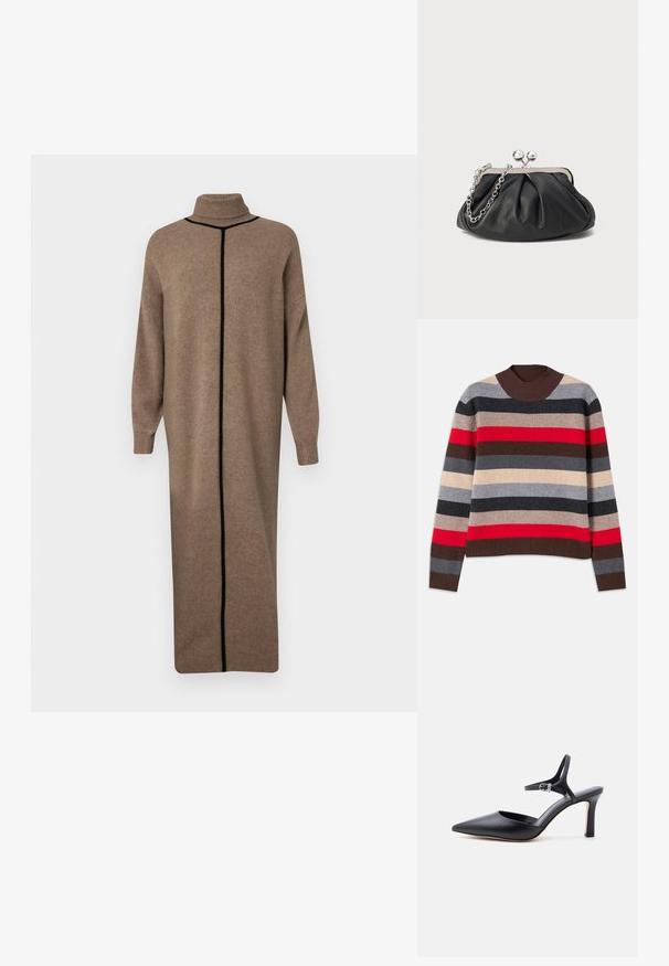Pull rayé avec des bandes horizontales en rouge, gris, beige et marron. Col et ourlet en ribbibré marron, texture en maille.; Robe en tricot marron avec un col montant et des manches longues. Présente une couture verticale noire contrastante sur le devant. Une coupe droite et décontractée.; Escarpin noir à bout pointu avec fine bride à la cheville et boucle argentée, finition en cuir lisse, chaussure élégante pour femme.; Porte-monnaie en cuir noir avec texture froncée, cadre en métal argenté, fermeture à verrouillage kiss-lock et bandoulière en chaîne. Surface lisse et douce.