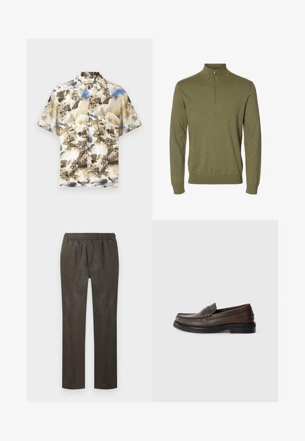 Pull vert à manches longues avec un col montant et une courte fermeture éclair à l'avant, fabriqué en tissu tricoté doux.; Chemise à manches courtes boutonnée avec un motif abstrait beige, marron, blanc et bleu, col et boutons à l'avant sur fond uni.; Pantalon à taille élastique olive foncé avec jambes droites et poches latérales, présenté à plat sur un fond blanc.; Mocassin en cuir marron avec un détail cousu sur la pointe, semelle plate et petit talon empilé. Texture lisse avec des éléments de design minimalistes.
