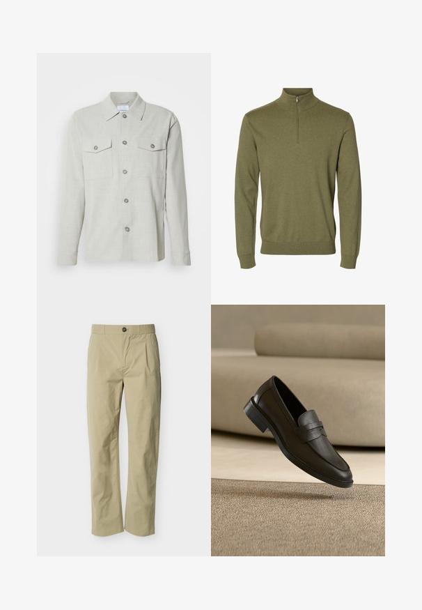 Pull vert à manches longues avec un col montant et une courte fermeture éclair à l'avant, fabriqué en tissu tricoté doux.; Chemise boutonnée gris clair, en tissu texturé, avec un col, deux poches poitrine et cinq boutons sur le devant.; Pantalon beige à jambes droites avec fermeture par boutons, passants de ceinture et plis avant sur un fond uni clair.; Chaussure loafer en cuir noir reposant sur un tapis beige avec un canapé beige courbé en arrière-plan.