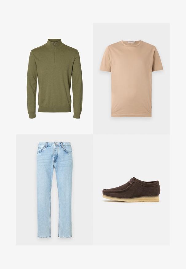 Groene trui met lange mouwen, hoge kraag en korte ritssluiting aan de voorkant, gemaakt van zachte gebreide stof.; Beige T-shirt met korte mouwen en een ronde hals, rechte zoom en een klein merkje aan de binnenkant van de kraag.; Lichtblauwe denim jeans met een rechte pasvorm, voorzien van een ontwerp met vijf zakken, riemlussen en een ritssluiting met een metalen knoop.; Bruine suède schoen met een gladde afwerking, ronde neus en minimalistisch ontwerp. Voorzien van een lichtgekleurde rubberen zool en contrasterende veters.