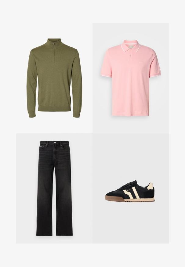 Groene trui met lange mouwen, hoge kraag en korte ritssluiting aan de voorkant, gemaakt van zachte gebreide stof.; Lichtroze korte mouw polo met twee knopen, witte randafwerking op kraag en mouwen, en klein GANT-logo op de borst.; Zwarte jeans met rechte pijpen, vijf zakken, riemlussen en knoopsluiting, weergegeven op een witte achtergrond.; Zwarte suède sneakers met beige accenten, voorzien van een rubberen zool, platte veters en een stijlvolle gestreepte ontwerp aan de zijkanten.