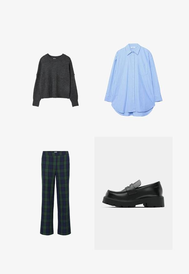 Mørkegrå strikket sweater med lange ærmer, rund halsudskæring og ribstrikkede manchetter og kant, vist på en hvid baggrund.; Lyseblå langærmet skjorte med knapper, smalle mørke lodrette striber, spids krave, brystlomme og buet kant.; Grønne og marineblå ternede bukser med lige ben-design og elastisk talje. Stoffet har en blød tekstur og prydes af et klassisk ternet mønster.; Sorte læder loafers med en chunky tekstureret sål, der har en rem over vamps og en glat, poleret finish.
