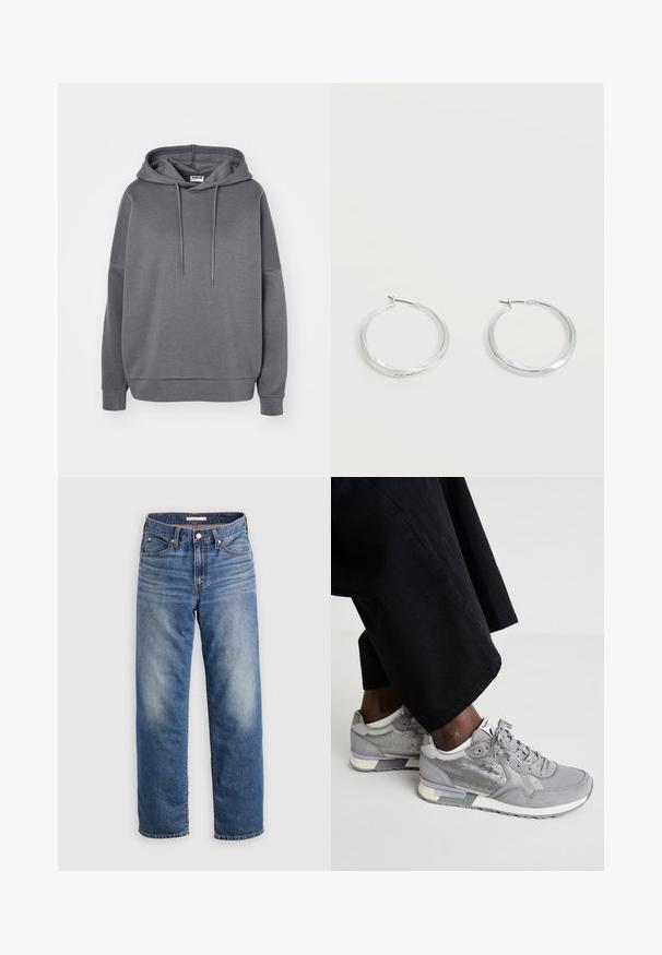 Grå hættetrøje lavet af blød stof, med snørerhætte, afslappet pasform og ribbede manchetter og kant. Ingen synlige mønstre eller logoer.; Lyseblå denimjeans med lige ben, der har knapgylp, forlommer og let falmede områder ved låret.; Grå sneakers lavet af ruskind og mesh med en tekstureret panel, polstret sål og lyse accenter, kombineret med sorte bukser.; Sølvfarvede metaloorringe med glat, let buet overflade og låsemekanisme på en ensfarvet hvid baggrund.