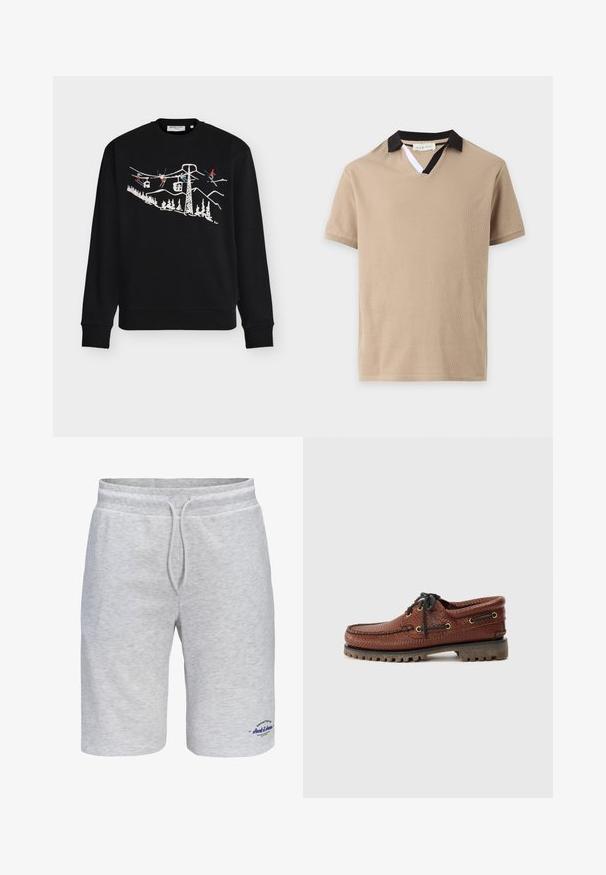 Sort sweatshirt med frontgrafik af ski-lifte og skiløbere mod baggrund af bjerge og træer i hvid, rød og blå. Rund hals og ribstrikkede ærmegab.; Beige kortærmet polo med sort krave og en lille hvid indsats ved V-udskæringen.; Lysegrå sweatshorts med snøre i taljen og lille marineblåt tekstlogo på venstre nederste ben.; Brune læder bådsko med struktureret overdel, sorte snørebånd og gyldne øjer. Har en holdbar, rillede gummisål.