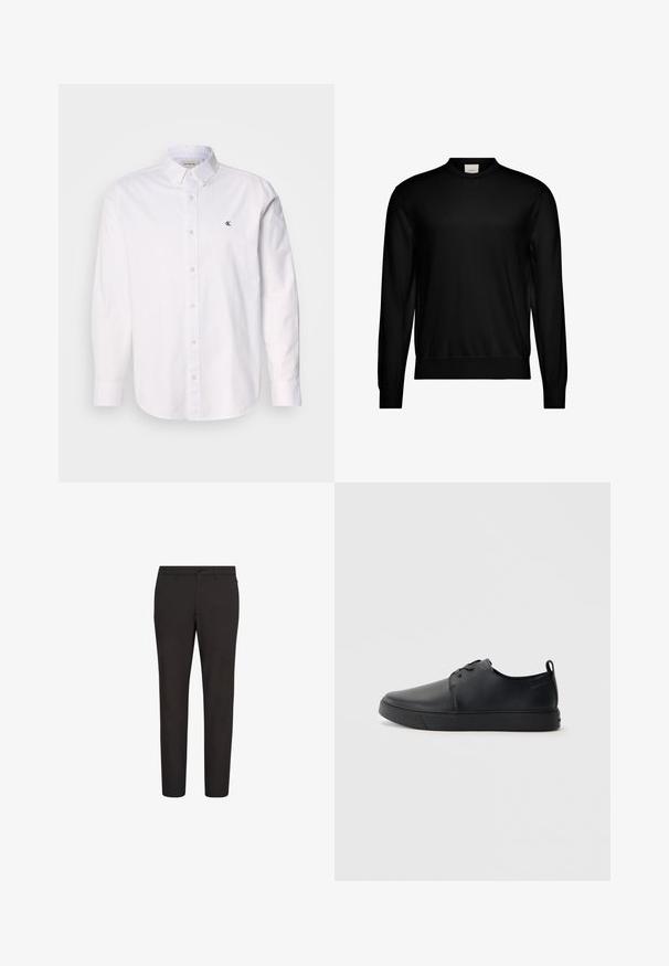 Schwarzer Pullover mit langem Arm und Rundhalsausschnitt, mit gerippten Bündchen und Saum, versehen mit einem kleinen weißen Markenetikett innen am Halsausschnitt.; Weißes Baumwollhemd mit klassischem Kragen, langen Ärmeln und kleinem CK-Logo auf der linken Brust. Glatte Textur.; Schwarze Hose mit schlankem Schnitt, aus glattem Stoff, mit Knopfverschluss, Gürtelschlaufen und ohne sichtbare Muster oder Akzente.; Schwarze Leder-Sneaker mit glatter Oberfläche, abgerundeter Zehenpartie, gleichfarbiger Nähte, schnürbarem Vorderteil und flacher Gummisohle. Schlaufe an der Ferse.
