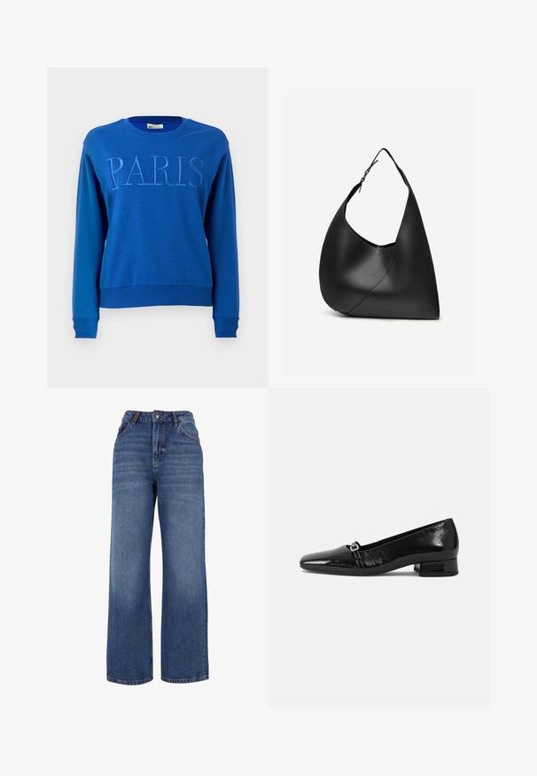 Blå langærmet crewneck-sweatshirt med ribbede manchetter og kant, broderet med ordet "PARIS" på brystet.; Breddebenet denim jeans lavet af medium-vægt blå bomuldsstof. Har klassisk fem-lomme design og en lynlås med knaplukning.; Sorte patentlæder balletflade med spids tå, lav firkantet hæl og en lille metallisk spænde detalje på remmen. Glat tekstur.; Sort læder skuldertaske med buet trekantet form, enkelt justerbart rem og synlig diagonal søm foran.